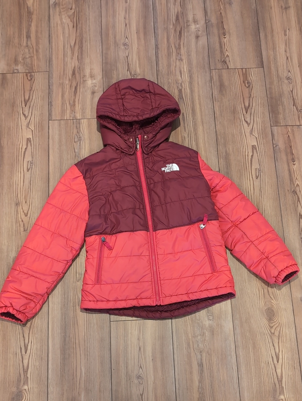 The North Face Girls' Two-Tone Maroon and Coral Hooded Puffer Jacket